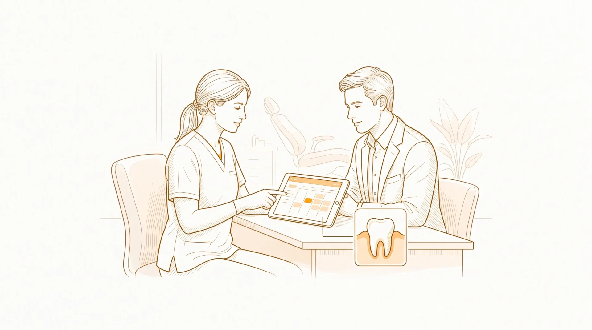 A patient and dentist review a tablet booking the right appointment at a consultation desk, with a small tooth and gum inset beside them.