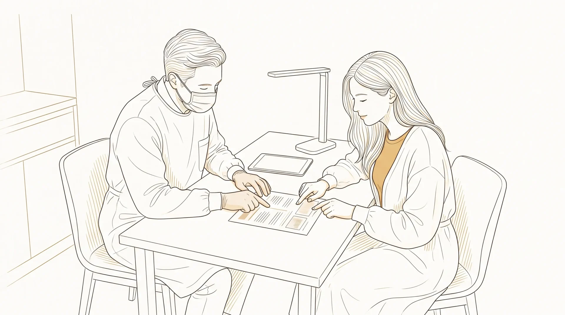 A patient and dentist review a written dental package comparison on a printed document at a clinic table.