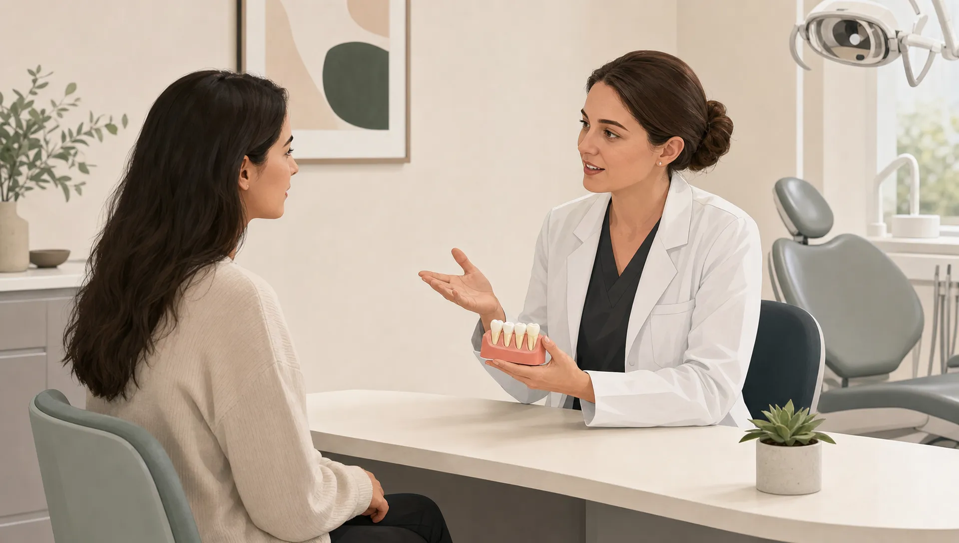 A patient and dentist talk through a first dental appointment beside a small tooth model.