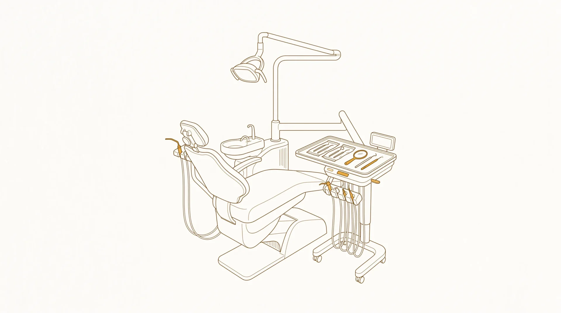 A quiet treatment room with a dental chair, overhead light and a prepared instrument tray ready for assessment.