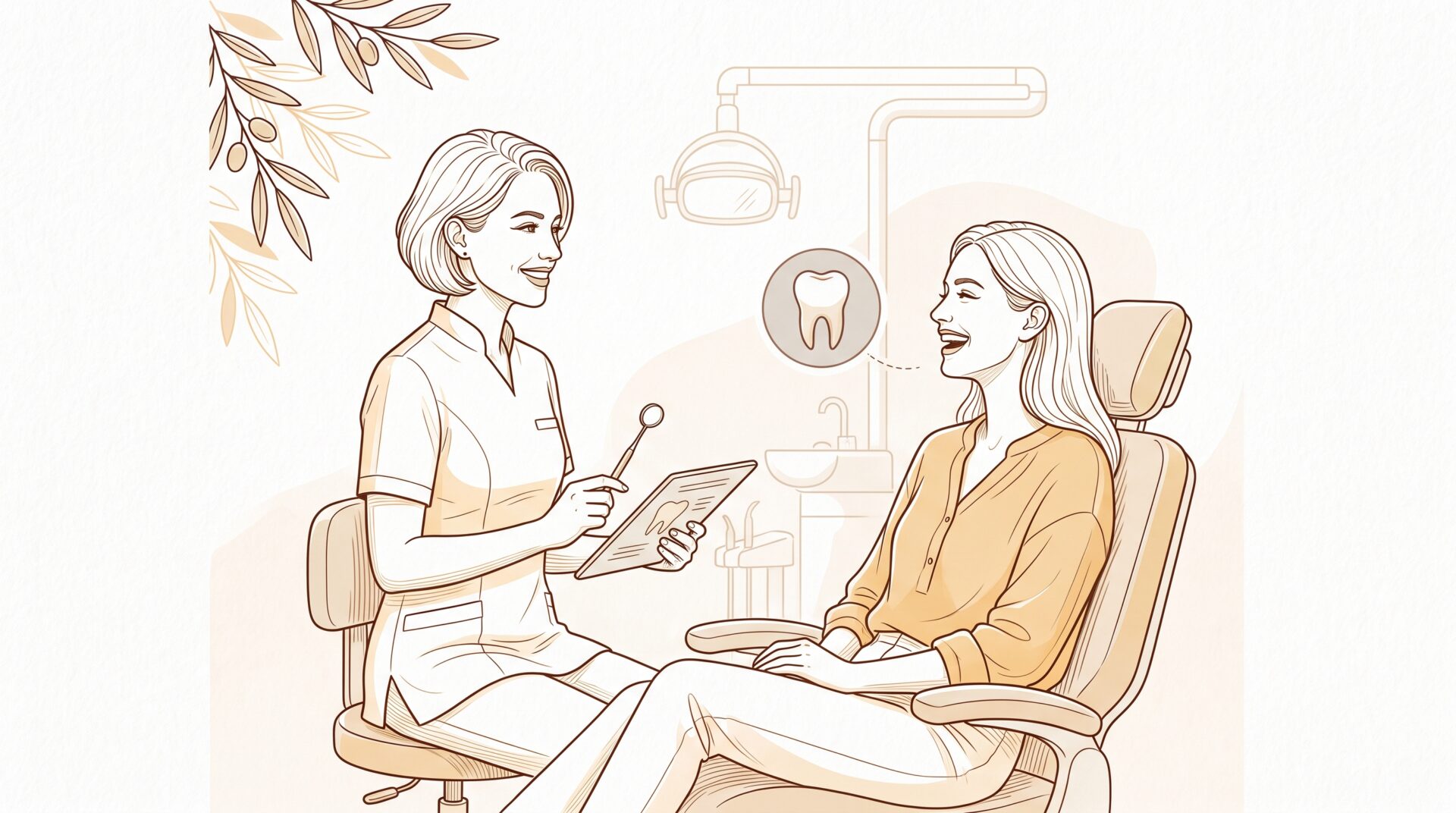 A smiling dentist discusses a tooth diagram with a relaxed patient seated in a dental chair, with examination equipment nearby.