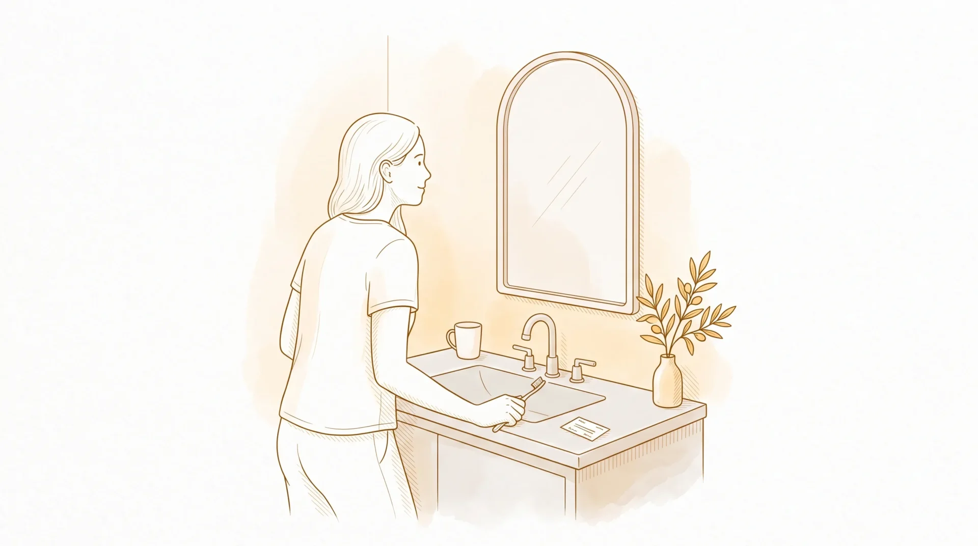 An adult brushing at a bathroom sink with a dental appointment card on the vanity.