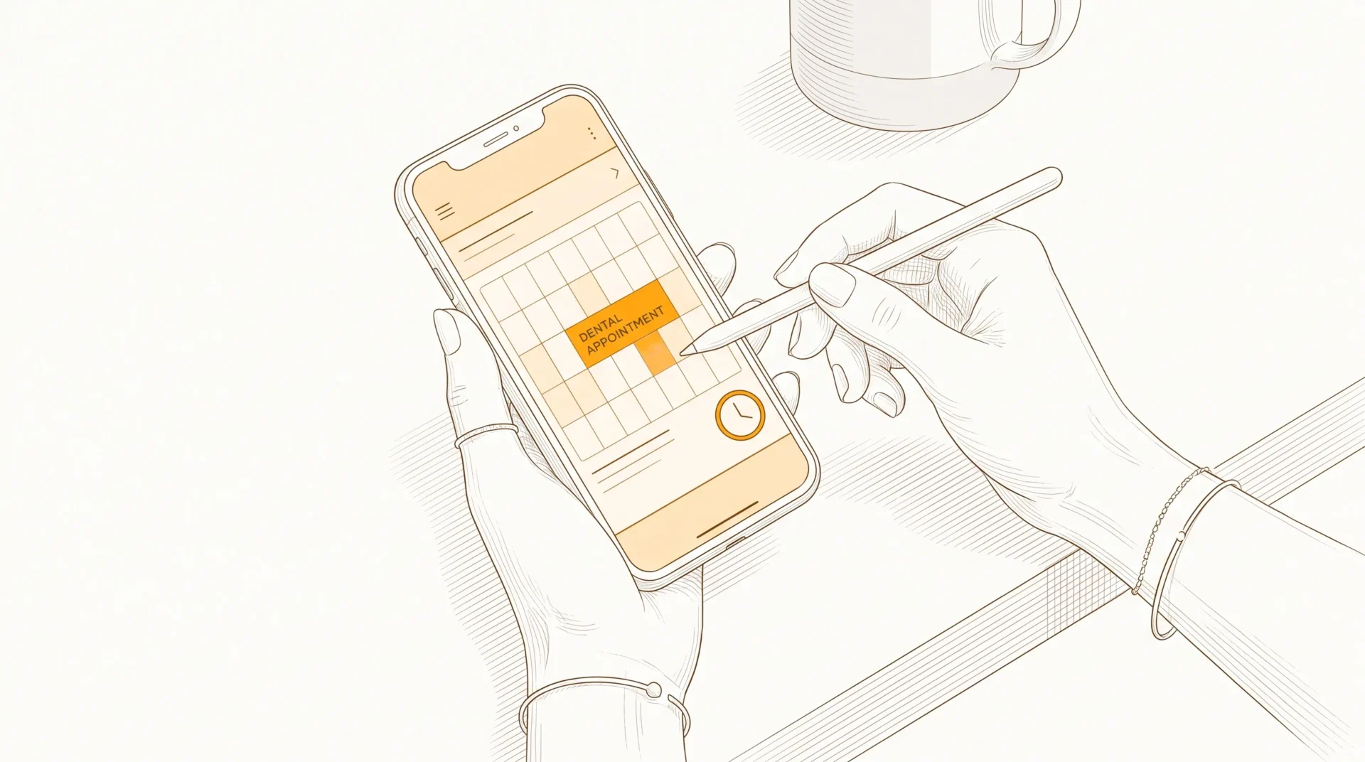 An adult hand uses a smartphone at a kitchen bench to book a dental appointment, with the screen facing the viewer.