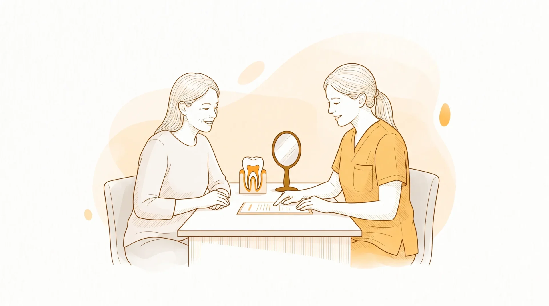 An adult patient and a dentist discuss a personalised dental plan in a calm consultation room with a tooth model and mirror on the desk.