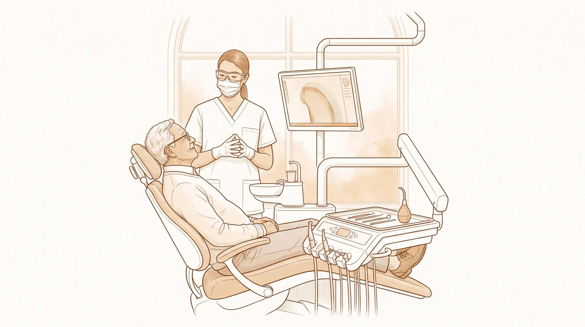 An older adult sits in a dental chair while a clinician discusses the check-up.