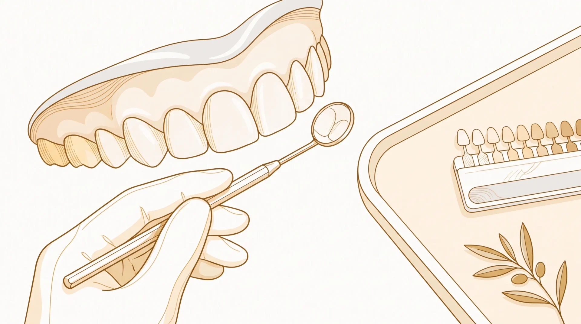Close-up of front teeth with a dental mirror and shade guide during a cosmetic assessment.