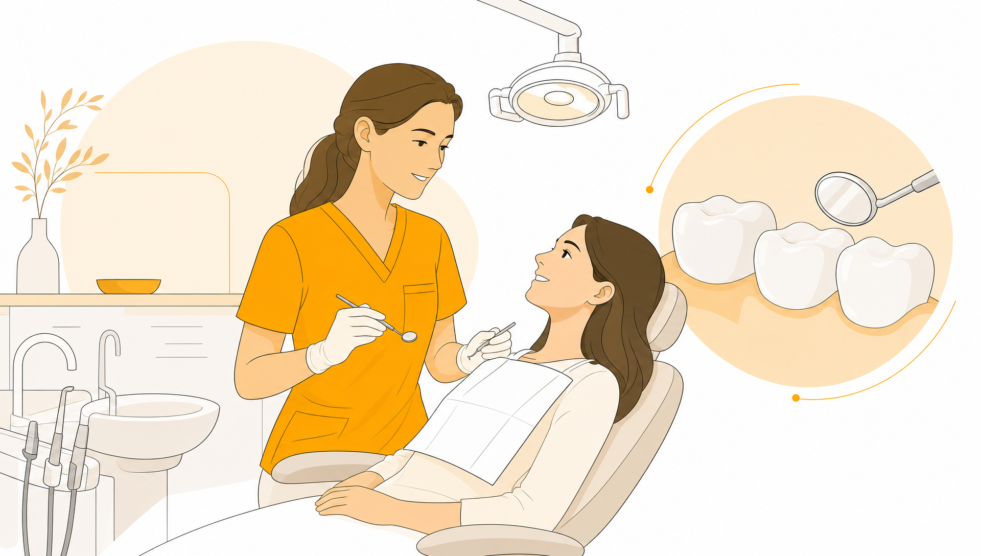 Dental tools and a porcelain tooth form sit ready during a first appointment assessment.