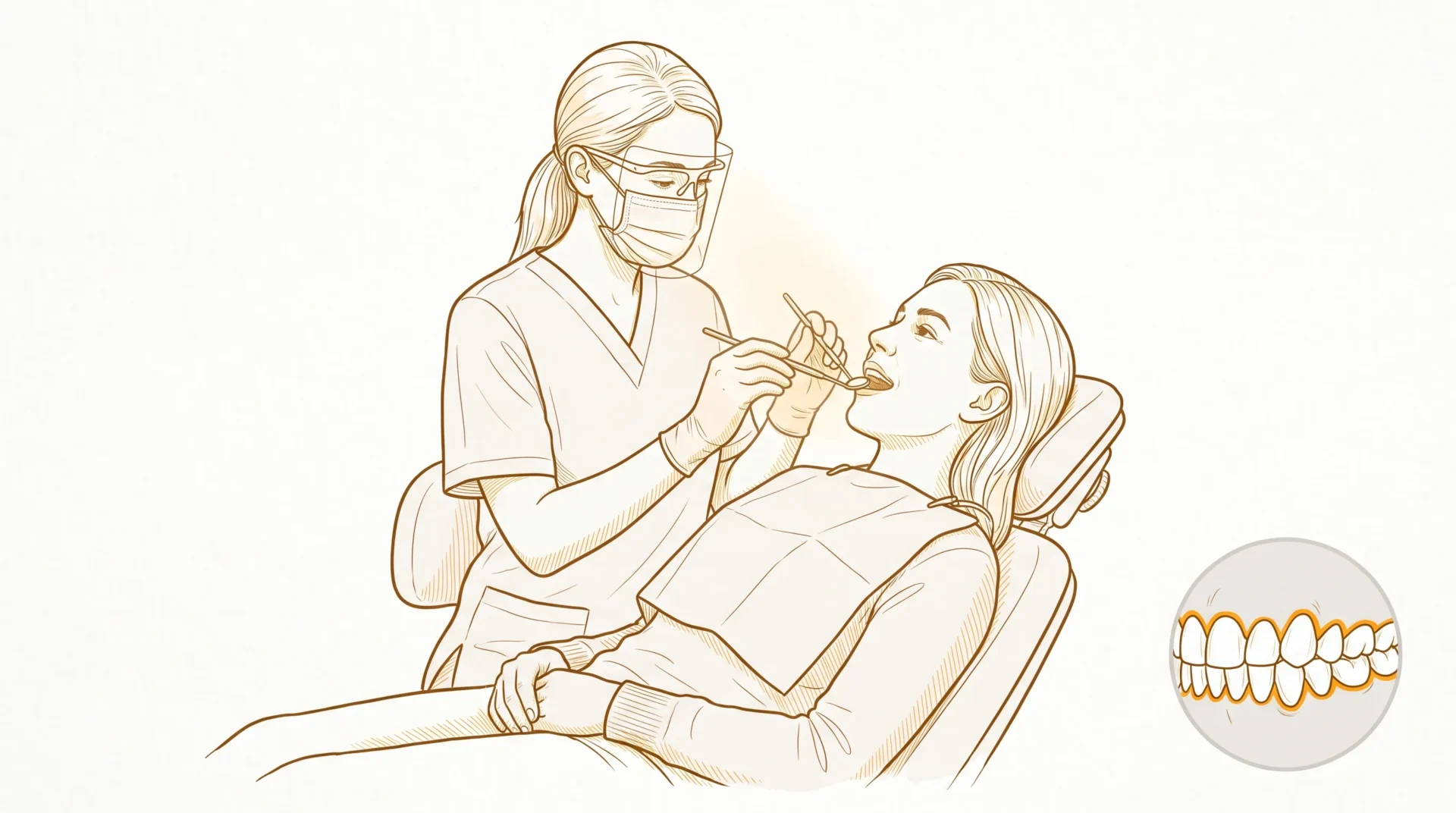 Fine line amber and white editorial illustration of a calm oral health exam in a modern clinic, with a clinician using a dental mirror while an adult patient reclines, complete faces visible and a small inset of natural teeth in soft tissue.