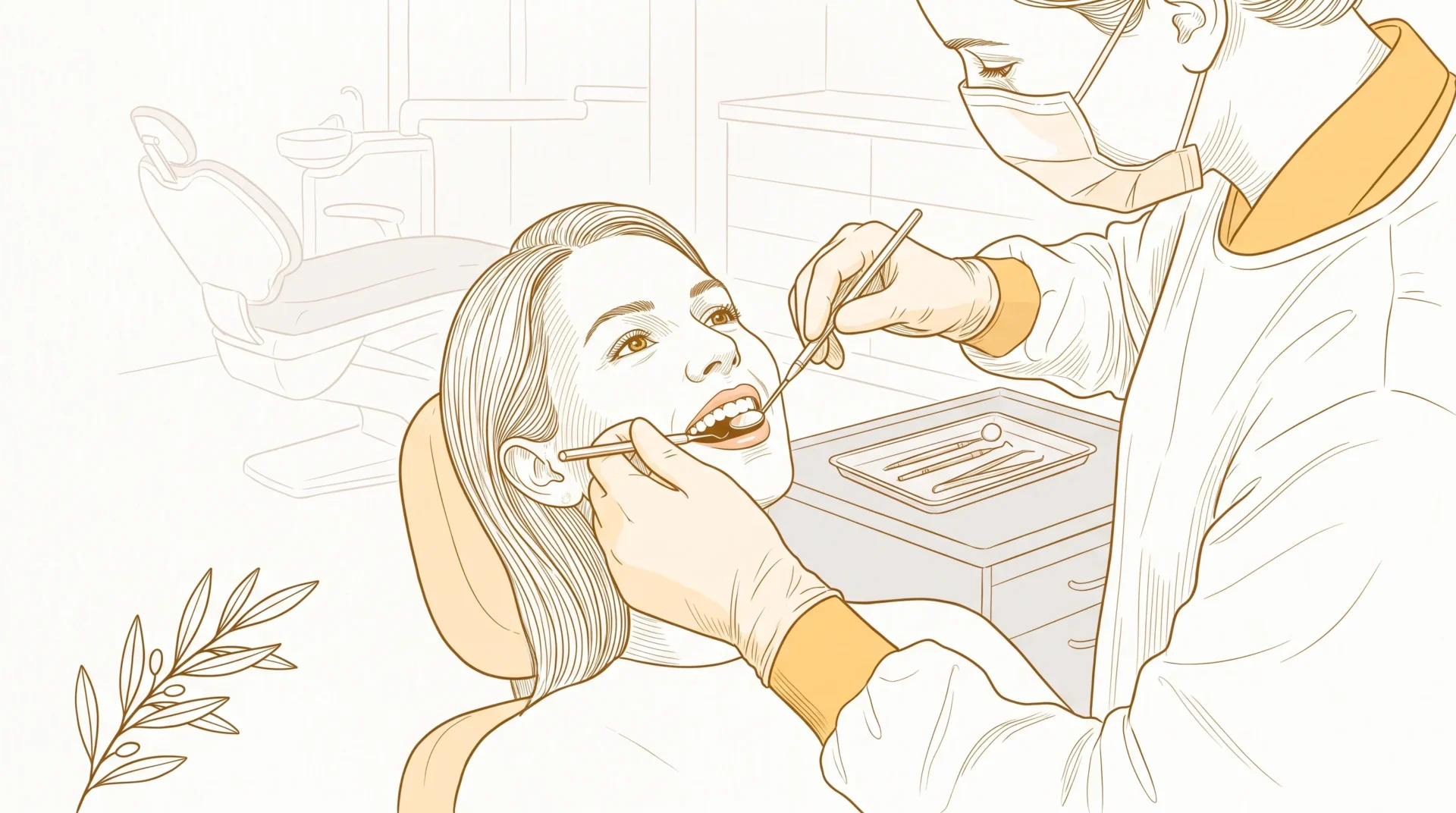 Gloved hands examine an adult patient's teeth with a mirror and probe during a routine check-up.