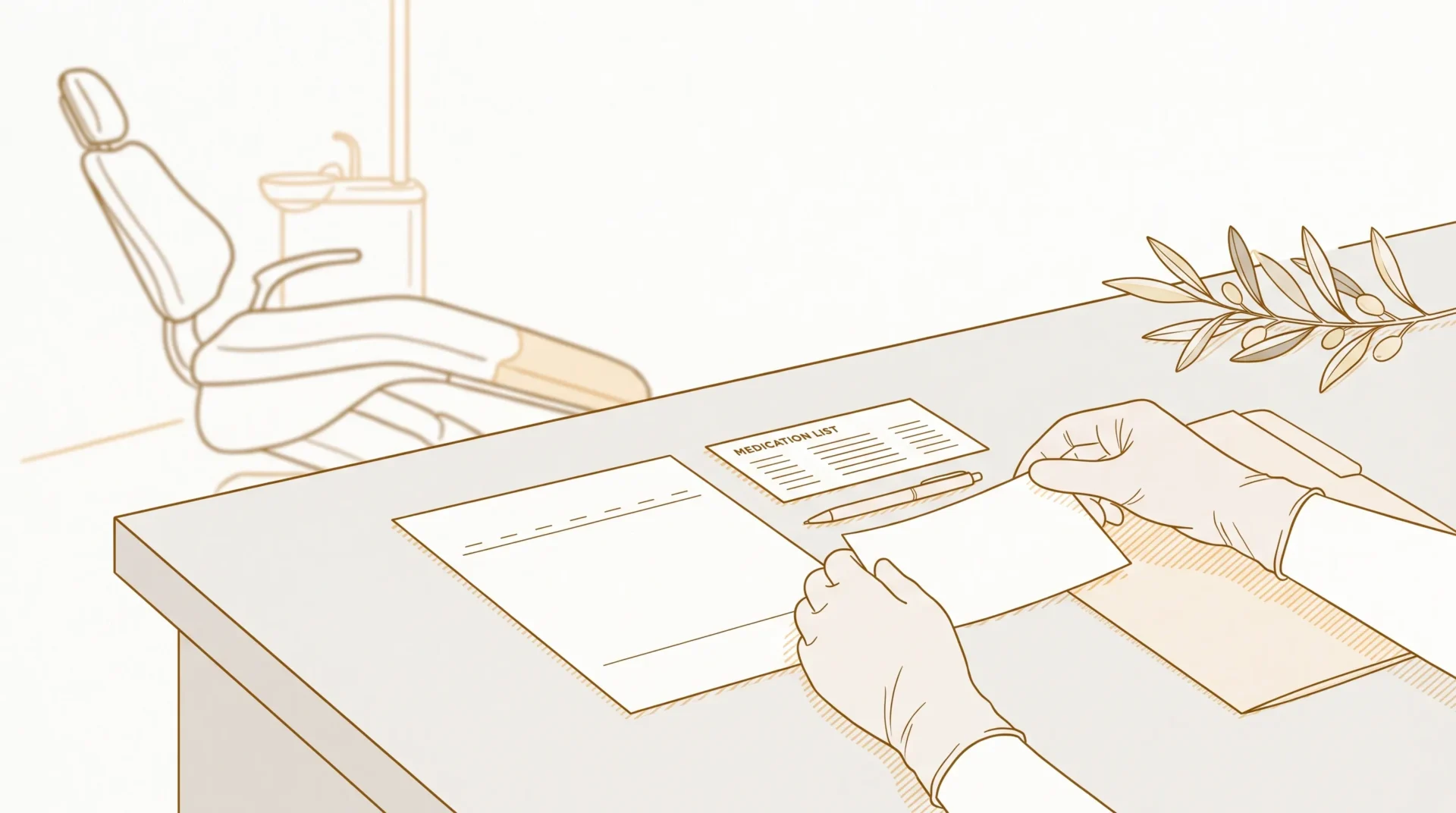 Gloved hands organise family dental notes and appointment papers on a clinic desk.