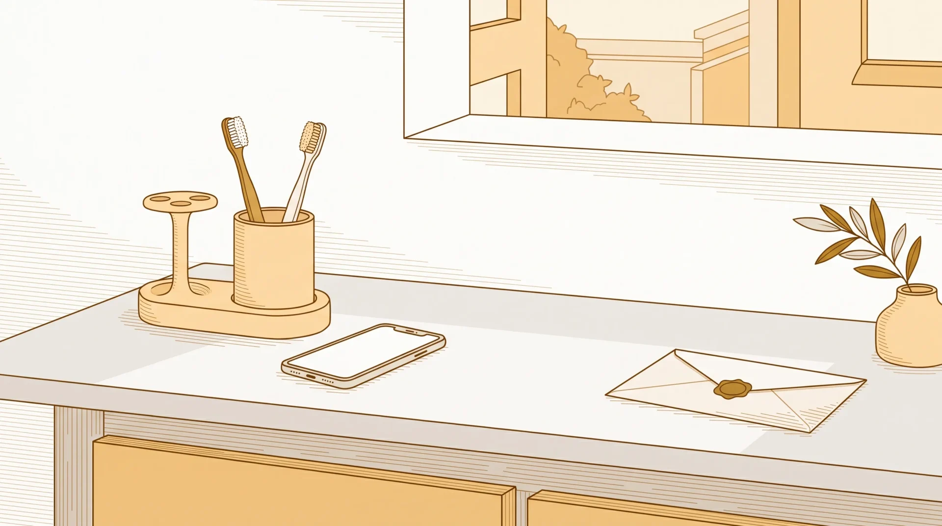 Toothbrushes and an appointment envelope on a kitchen bench, suggesting regular dental care in Pakenham.