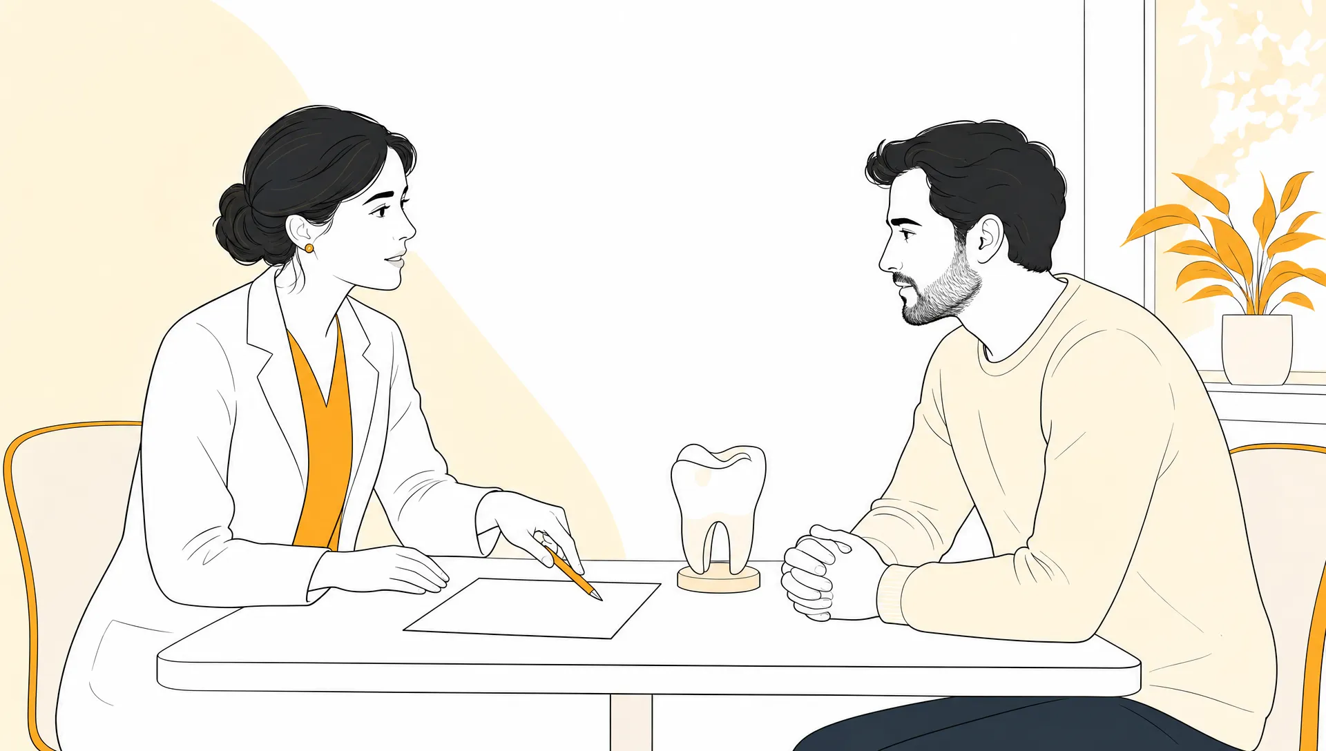 Two adults discuss dental treatment costs beside a small tooth model in a calm consultation.