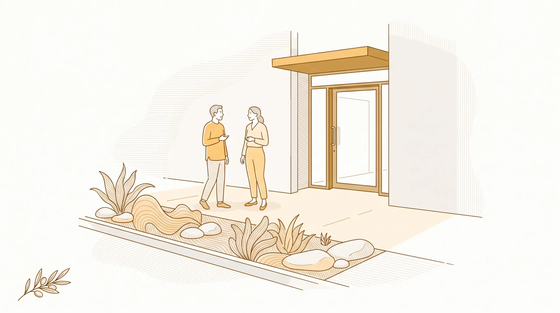 Two adults talk outside a suburban dental clinic before an appointment to discuss choosing a registered dentist.